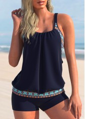 Tribal Print Wide Strap Navy Blue Tankini Set
