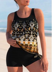 Tribal Print Wide Strap Black Tankini Set