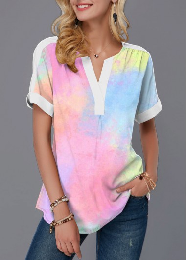 Modlily Split Neck Multi Color Short Sleeve Blouse - S