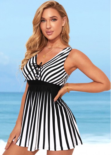 Modlily Lace Up Stripe Print Color Block Swimdress Top - S