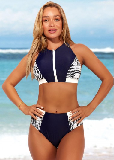 Modlily High Waisted Navy Blue Zipper Detail Bikini Set - S