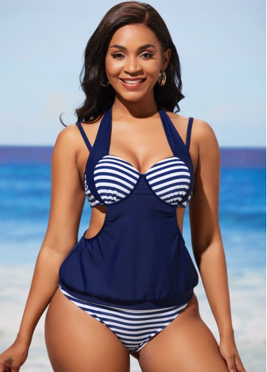 Modlily Striped Navy Blue Halter Tankini Set - XXL