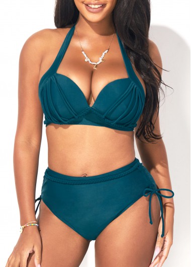 Modlily Halter Mid Waist Peacock Blue Bikini Set - M