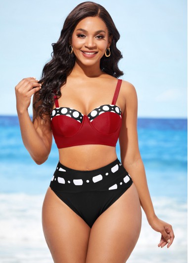 Modlily High Waisted Color Block Polka Dot Bikini Set - XL