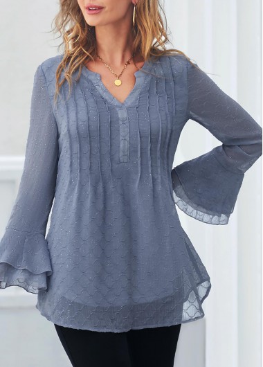 Modlily Crinkle Chest Dusty Blue Texture Hot Stamping Blouse - L