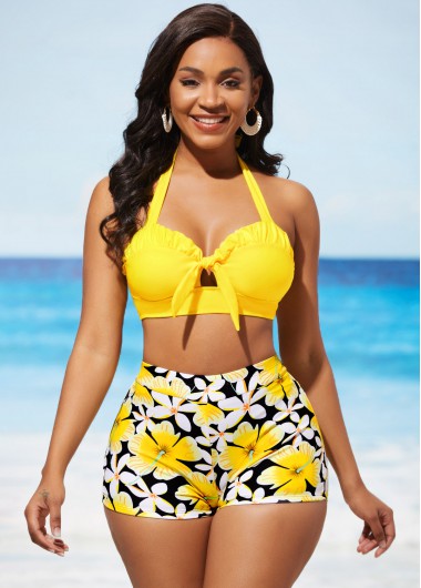 Modlily Yellow Floral Print High Waisted Bikini Set - XL