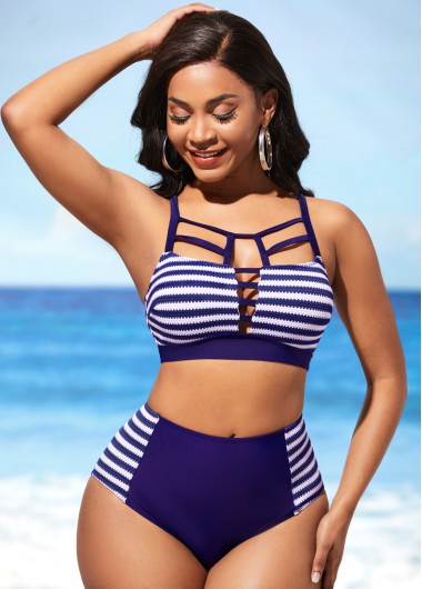 Modlily Stripe Print Navy Blue Cross Strap Bikini Set - S