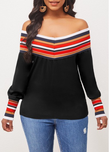 Modlily Stripe Off Shoulder Black Long Sleeve Blouse - L