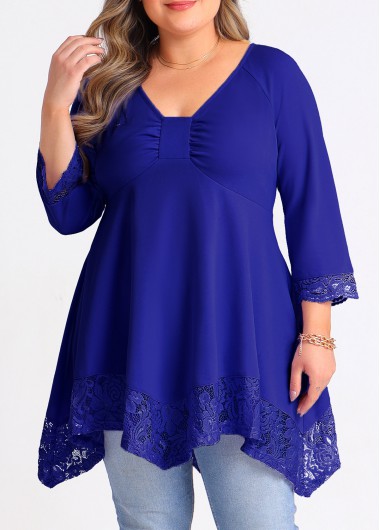 Modlily Asymmetric Hem Lace Stitching Plus Size T Shirt - 1X