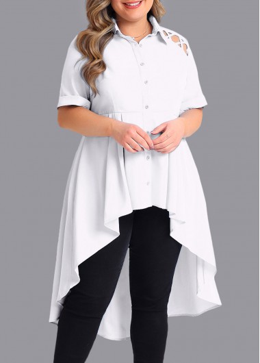 Modlily Dip Hem White Cross Strap Plus Size Blouse - 1X