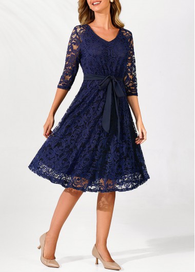 Modlily Navy Blue Lace Belted 3/4 Sleeve Dress - XL