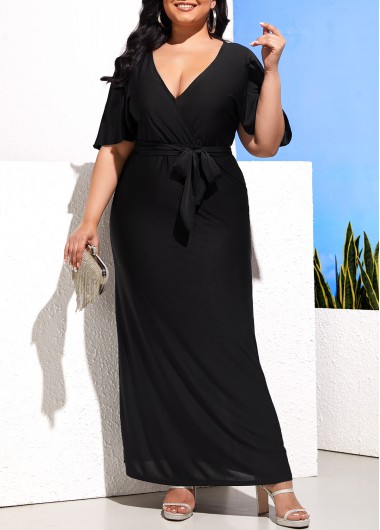 Modlily Plus Size Black Tie Side V Neck Belted Dress - 5XL