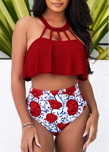 Modlily Cage Neck High Waisted Red Bikini Set - S