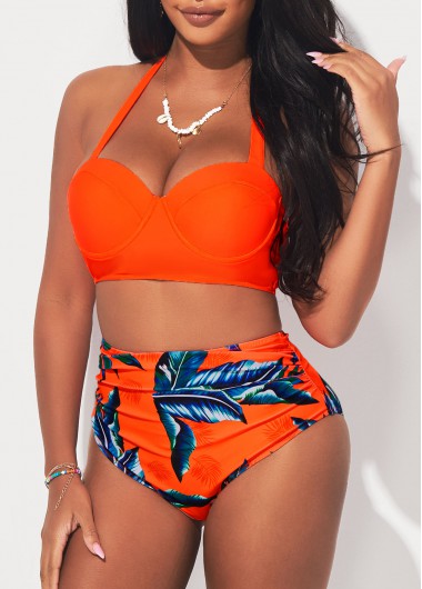 Modlily High Waisted Tropical Print Orange Bikini Set - M
