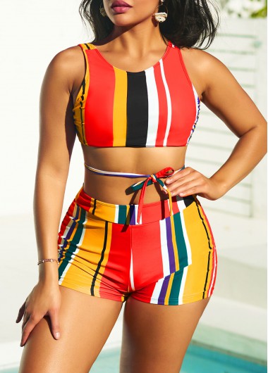 Modlily High Waisted Stripe Print Multi Color Bikini Set - XXL