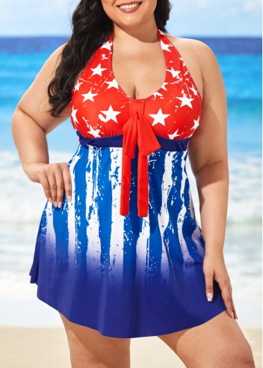 Modlily Plus Size American Flag Print Blue Swimdress and Shorts - 2XL