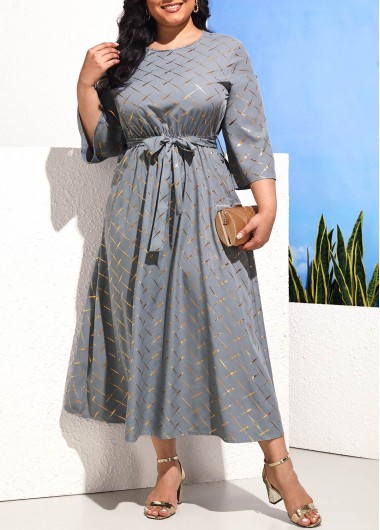 Modlily Plus Size Hot Stamping Light Grey Belted Dress - L