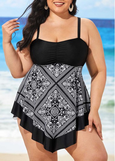 Modlily Plus Size Tribal Print Black Swimdress and Shorts - 5XL