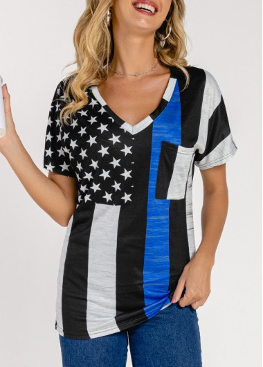 Modlily American Flag Print Color Block Pocket T Shirt - M