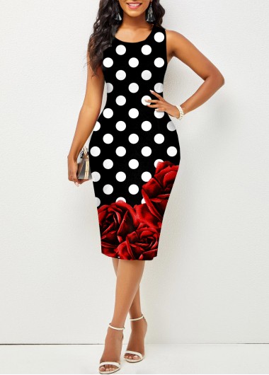 Modlily Sleeveless Round Neck Floral Print Valentines Black Dress - L