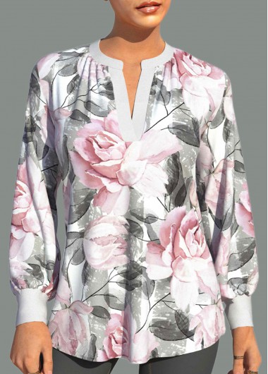 Modlily Valentines Rose Print Split Neck White Blouse - L