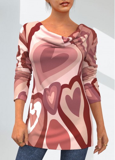 Modlily Valentines Heart Print Pink Cowl Neck T Shirt - S