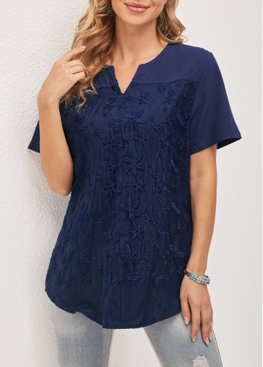 Modlily Split Neck Mesh Stitching Navy Blue T Shirt - L