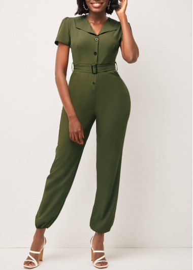 Modlily Army Green Buckle Belted Turndown Collar Tooling - L