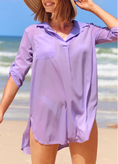 Modlily Light Purple 3/4 Sleeve Turndown Collar Cover Up - 2XL