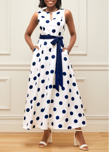 Modlily Double Side Pockets Polka Dot Belted White Dress - S