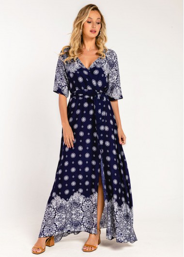 Modlily Floral Print Navy Blue Belted V Neck Dress - S