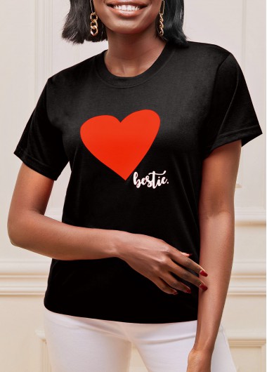 Modlily Heart Print Black Valentines Short Sleeve T Shirt - 3XL
