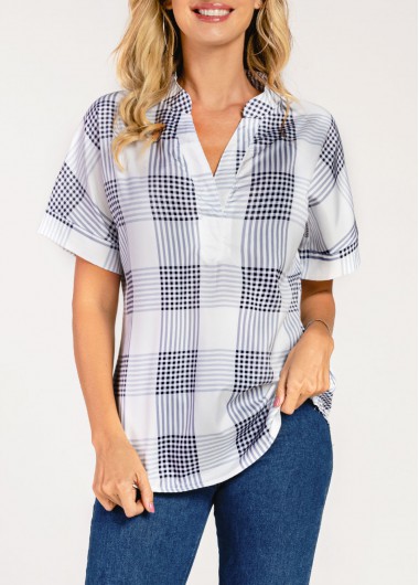 Modlily Plaid Split Neck White Short Sleeve Blouse - 2XL