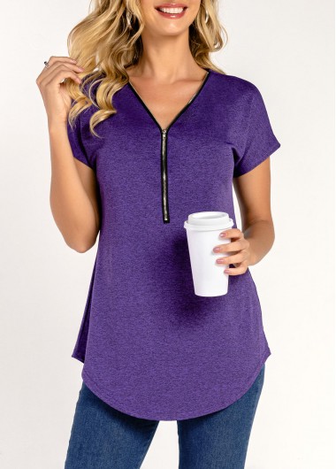 Modlily Purple Quarter Zip Short Sleeve T Shirt - 2XL