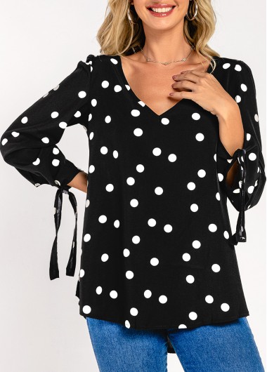 Modlily Polka Dot Black V Neck Long Sleeve Blouse - M