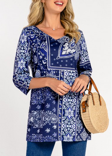 Modlily Tribal Print V Neck Navy Blue T Shirt - 2XL