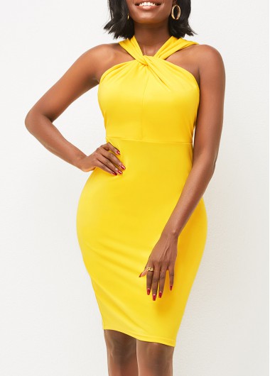 Modlily Yellow Twist Front Back Slit Dress - L