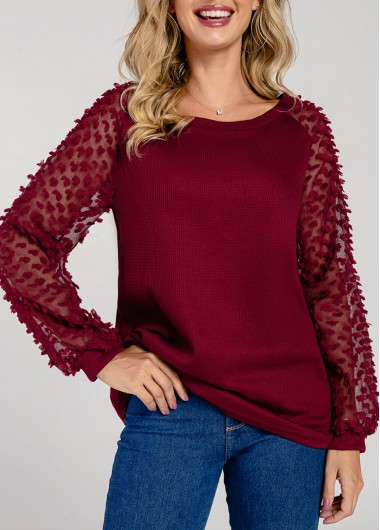 Modlily Mesh Stitching Textured Fabric Wine Red T Shirt - XL