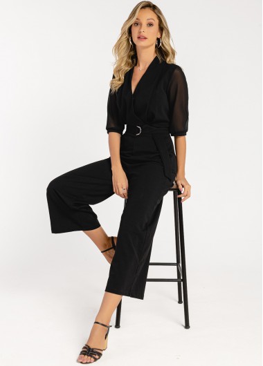 Modlily Belted V Neck Black Chiffon 3/4 Sleeve Jumpsuit - L