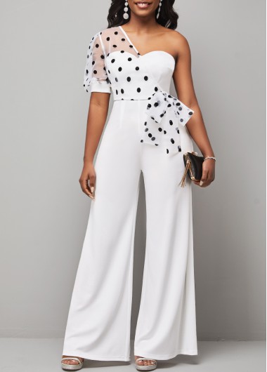 Polka Dot Bowknot White One Shoulder Jumpsuit     2nd 10%, 3rd 20%, 4th 40%