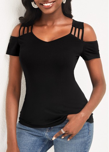 Modlily Black Cold Shoulder Short Sleeve T Shirt - S