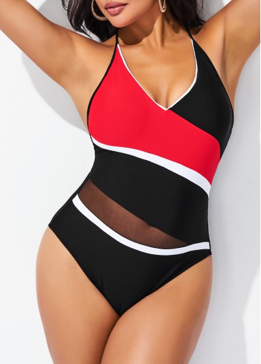 Modlily Black Mesh Stitching Contrast One Piece Swimwear - 2XL