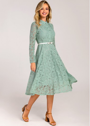 Modlily Lace Trim Bowknot Belted Mock Neck Sage Green Dress - L