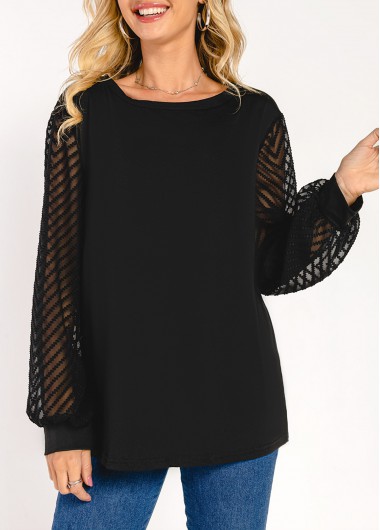 Modlily Mesh Stitching Lantern Sleeve Black T Shirt - 2XL