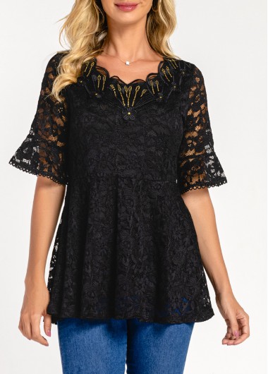 Modlily Lace Patchwork Black Hot Drilling T Shirt - 4XL