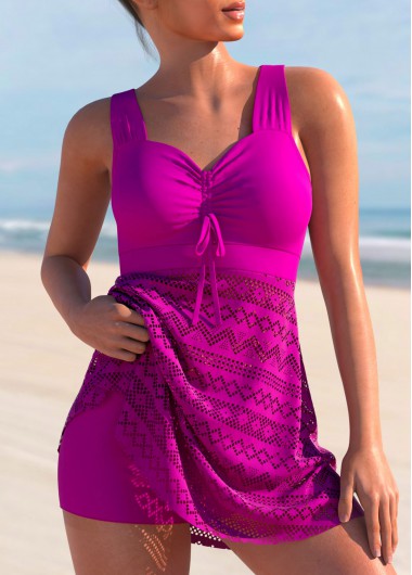 Modlily Lace Stitching Cross Strap Purple Red Swimdress and Shorts - XL