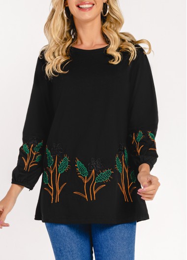 Modlily Embroidered Round Neck Black 3/4 Sleeve T Shirt - 5XL