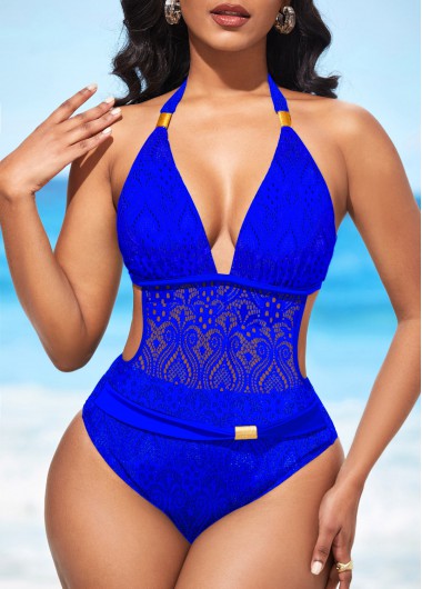 Modlily Halter Sheer Lace Royal Blue One Piece Swimwear - S