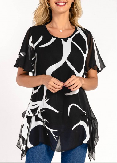 Modlily Faux Two Piece Round Neck Black T Shirt - 4XL