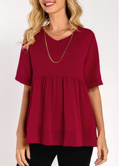 Modlily V Neck Wine Red Half Sleeve T Shirt - 3XL